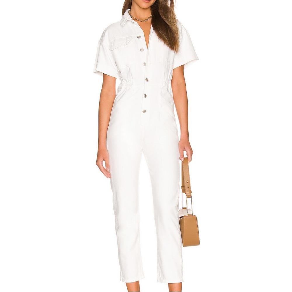 Free People 80s Style White Marci Utility Coveralls Denim Jean Jumpsuit